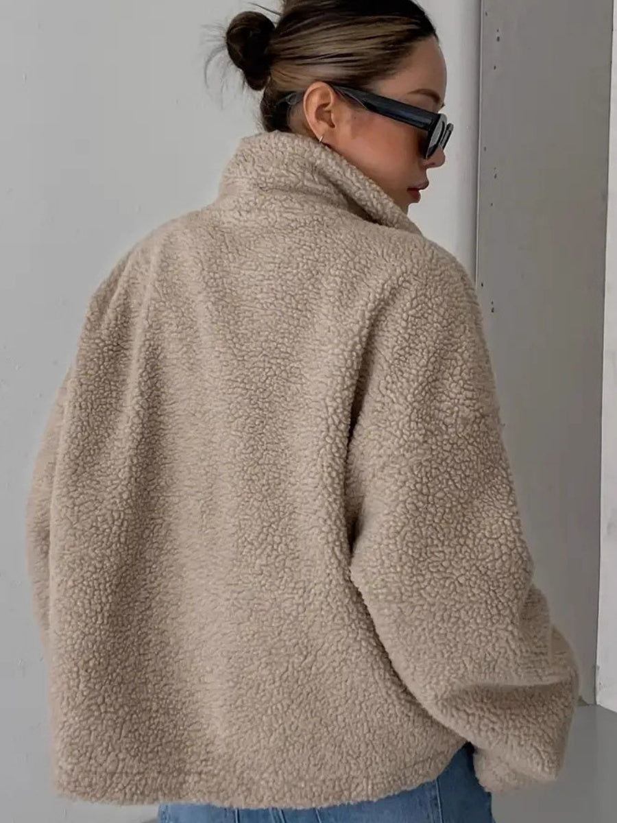 Leisure Long Sleeve Stand Collar Zipper Pocket Lambswool Jackets