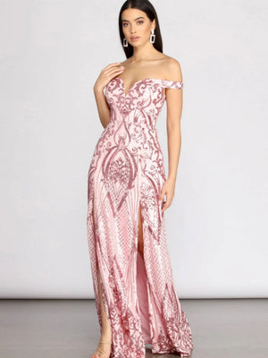 Pink Sequins Off-shoulder Slit Maxi Dresses