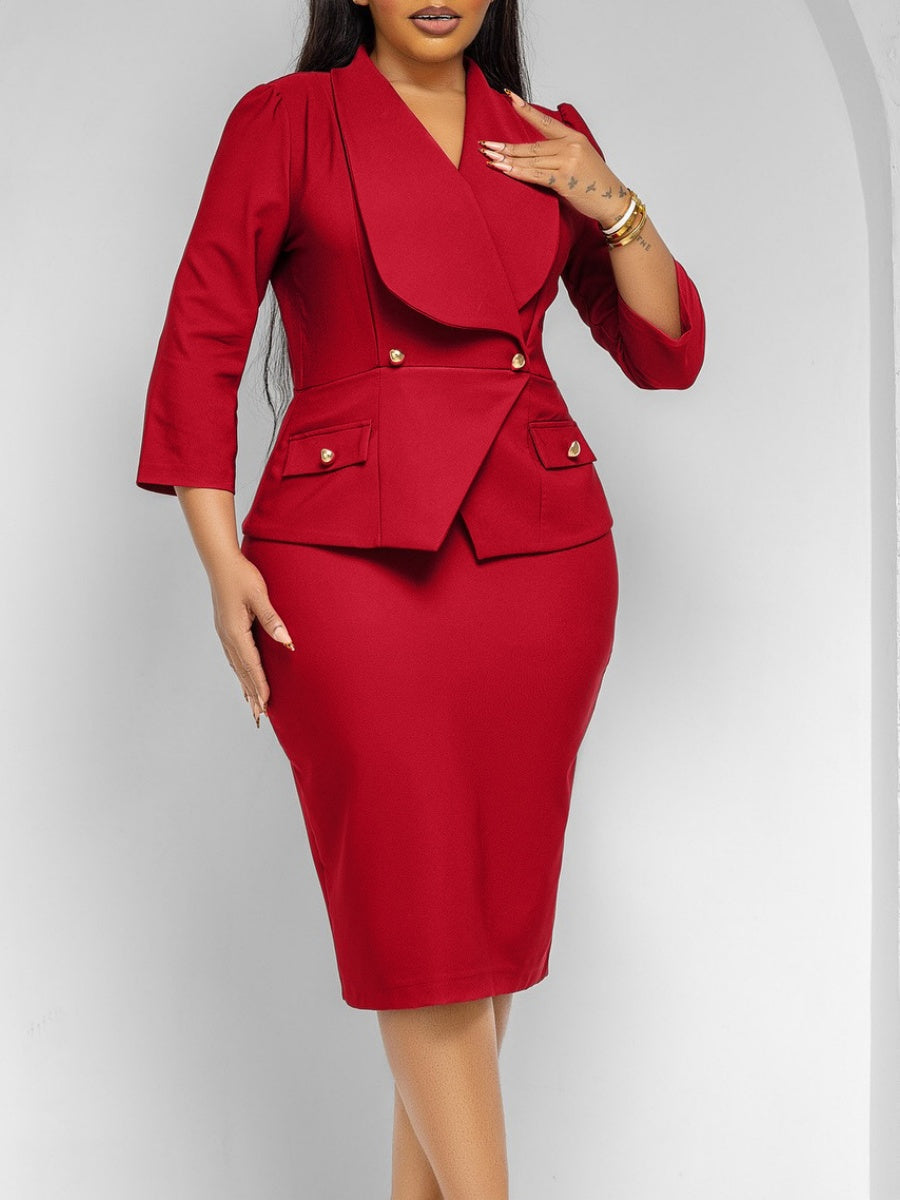 Large Lapel Three-quarter Sleeves Commuting Hip-hugging Midi Dresses
