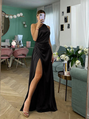 One-shoulder Satin Style Sexy Slit Dinner Party Long Dress