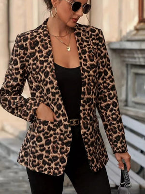 Distressed Cardigan Style Leopard Print Slim Fit Workplace Casual Suit Jacket