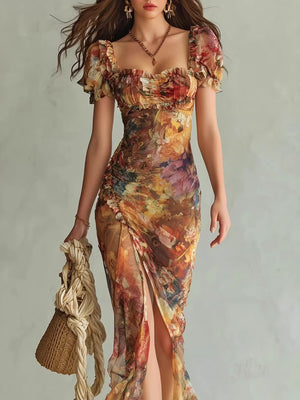 Floral V-neck Fitted Waist Ruffled Long Dress