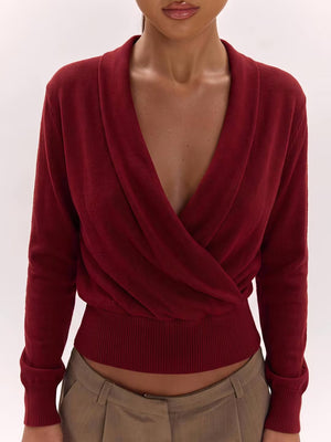 Wool Cross Wrap V Neckline, Fitted Waist, Long Sleeves