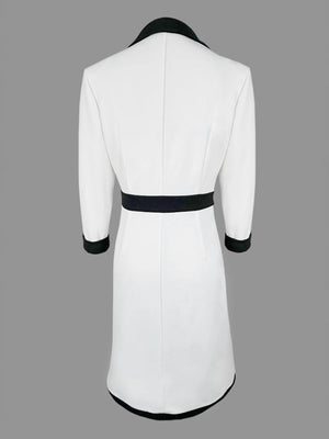 French Lapel Black And White Color Blocking High Waist Three-quarter Sleeves Workplace Midi Dresses