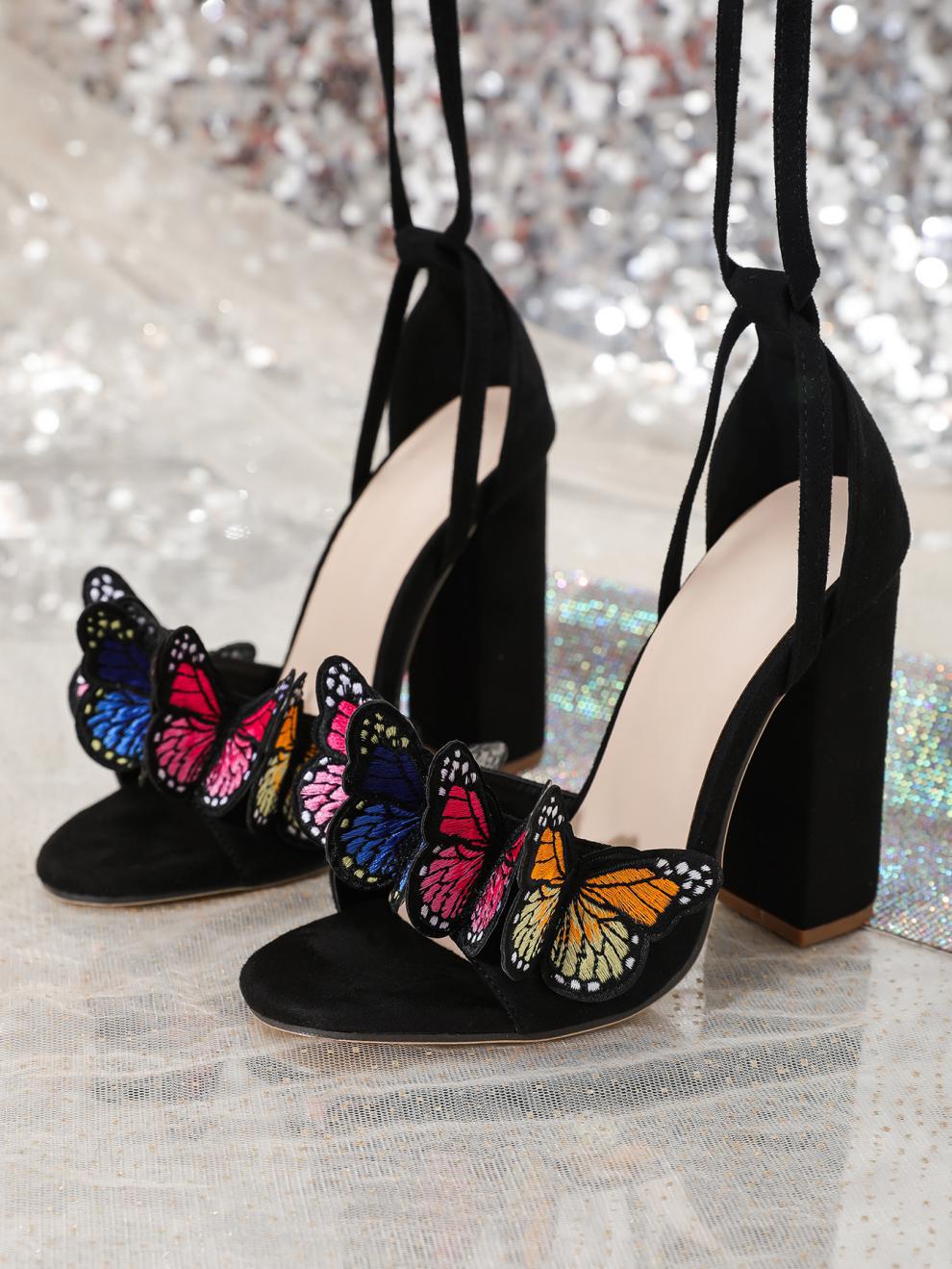 Embroidered 3D Suede Butterfly Strap Chunky Heel Fashion Sexy High-heeled Sandals