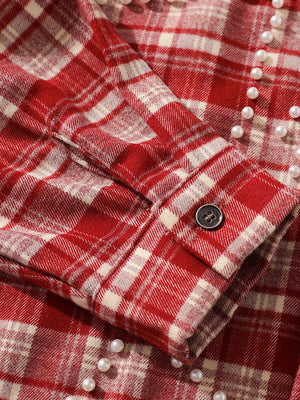 Loose Plaid Cross Beading Long-sleeved Shirt