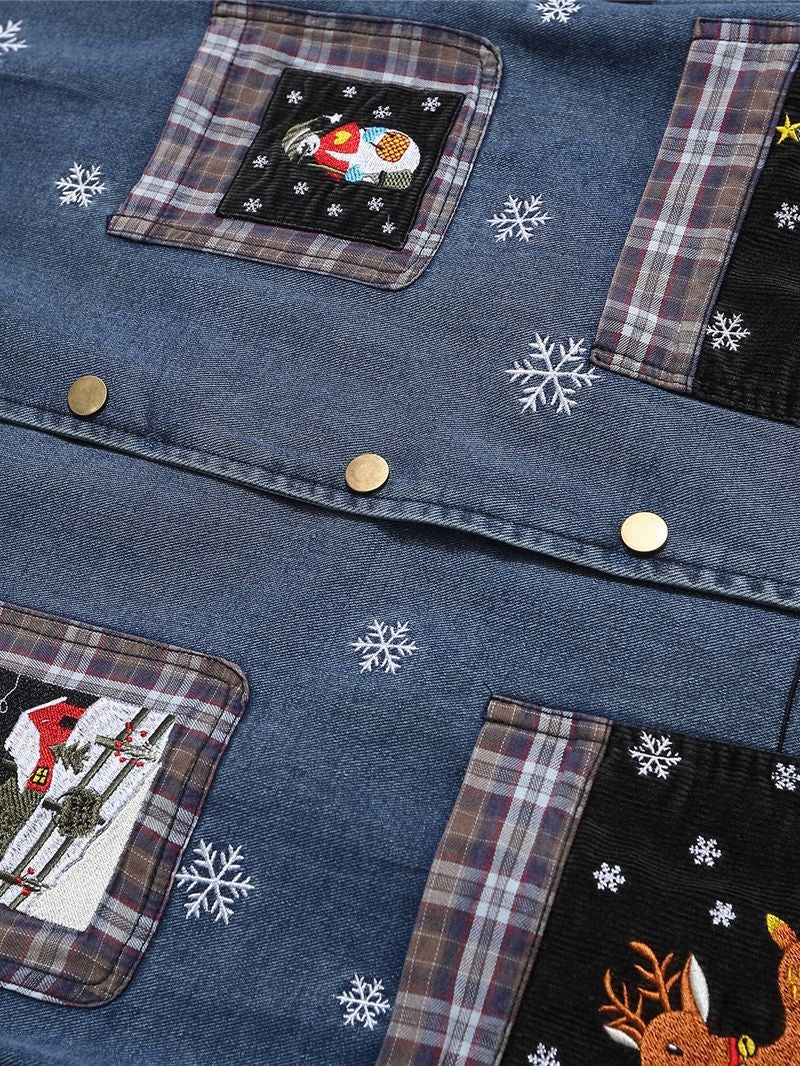 Christmas Pattern Embroidery Washing Splicing Denim Jacket
