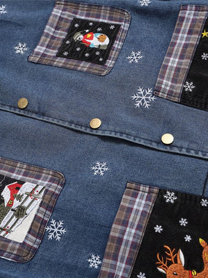Christmas Pattern Embroidery Washing Splicing Denim Jacket