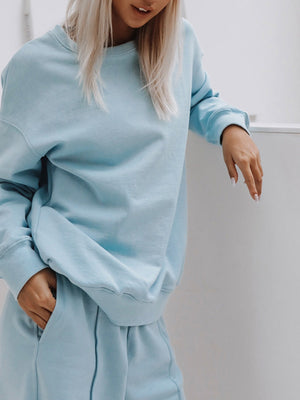 Liber Women's autumn round neck solid color pullover Long sleeve two piece sweatshirt