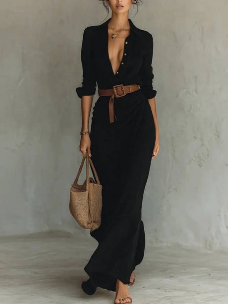 Solid Color Irregular Folds With Belt Maxi Dresses