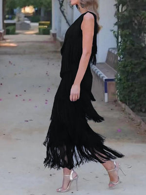 Tassel Sloping Shoulders Asymmetrical Maxi Dresses