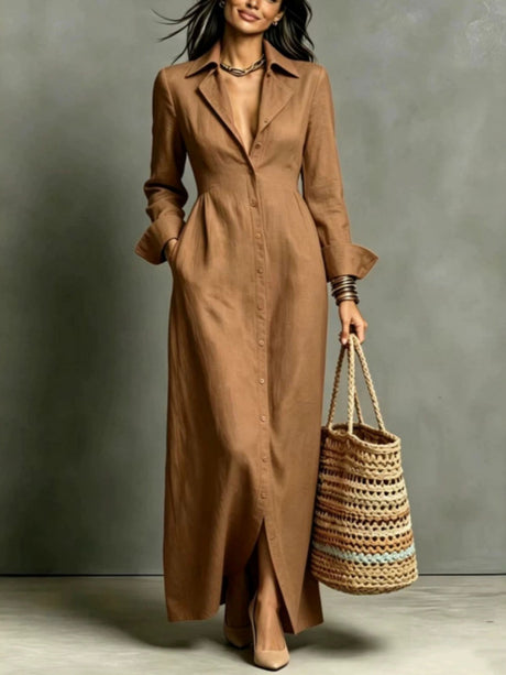 Casual Pocket Solid Color Button-Down Collar Long Sleeve Dress