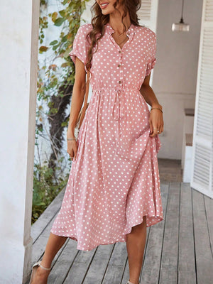Polka Dots Polo Collar Waist Tie Short Sleeves Maxi Dresses