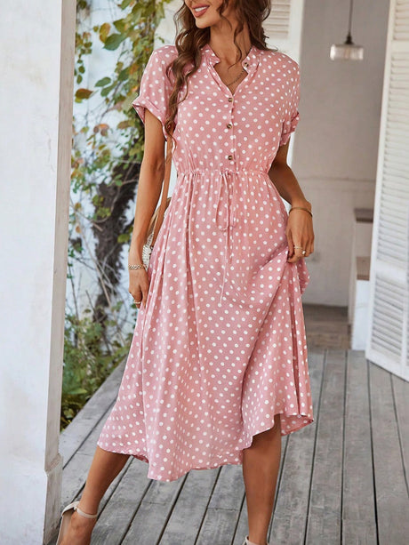 Polka Dots Polo Collar Waist Tie Short Sleeves Maxi Dresses