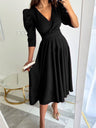 V-neck, Fitted Waist Pleated Big Swing Daily Casual Midi Dress