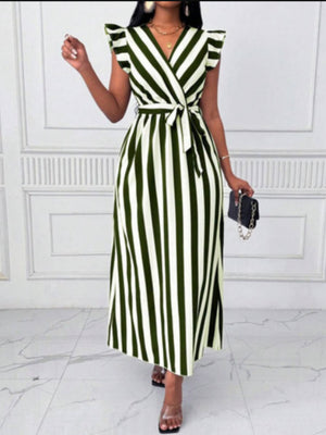Stripes V-neck Belts Maxi Dresses