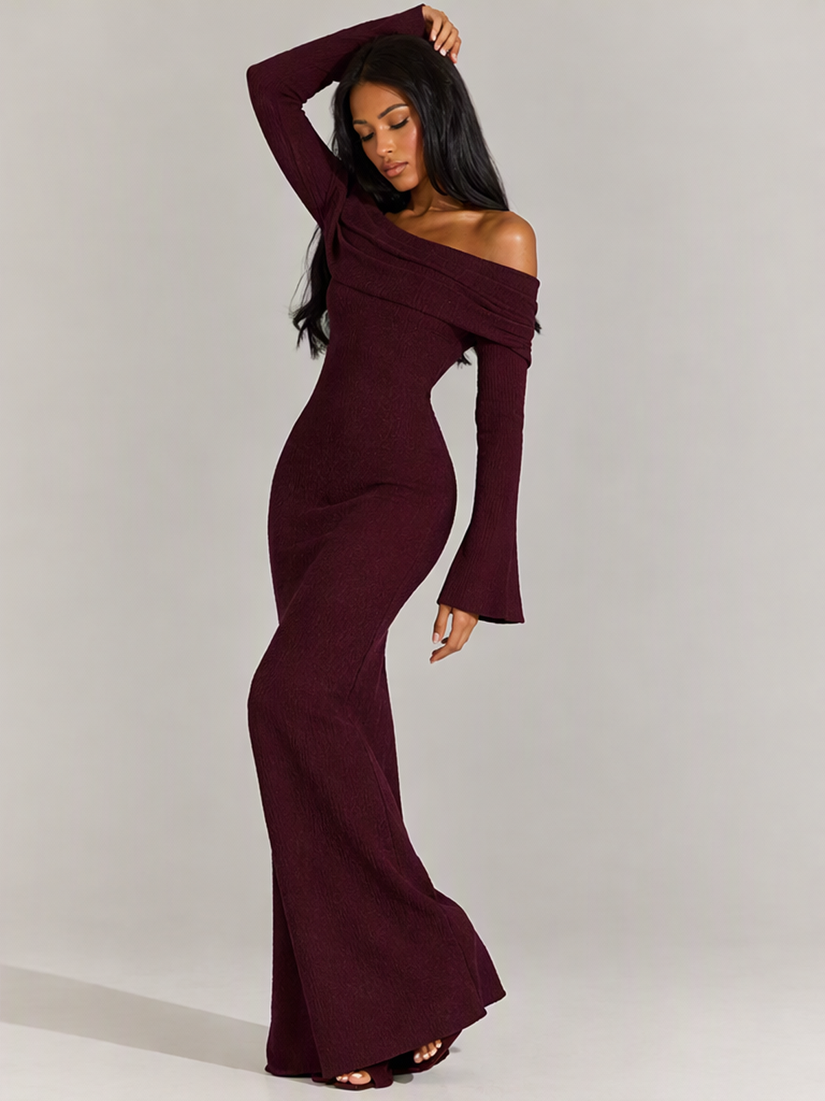 Long-sleeved Off-shoulder Pleated Knit Maxi Dress