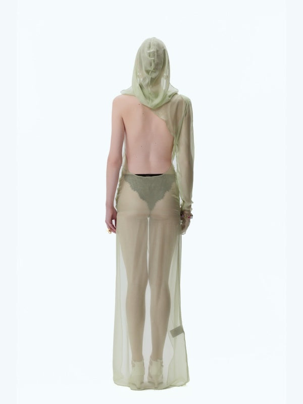 Silk Padded-shoulder Hooded Backless Slit Maxi Dress