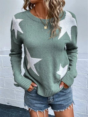 Crew Neck Star Pattern Contrasting Colors Knitted Long-sleeved Sweater