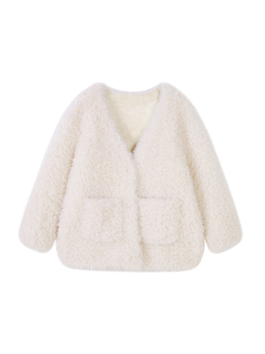 Liber Autumn women's white short fur pocket button Patchwork cotton jacket