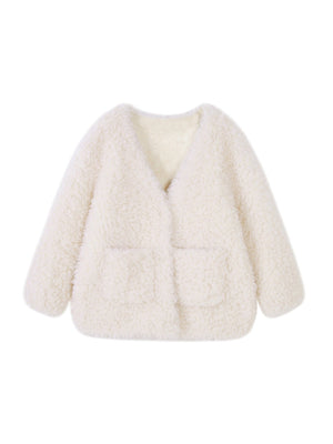 Liber Autumn women's white short fur pocket button Patchwork cotton jacket