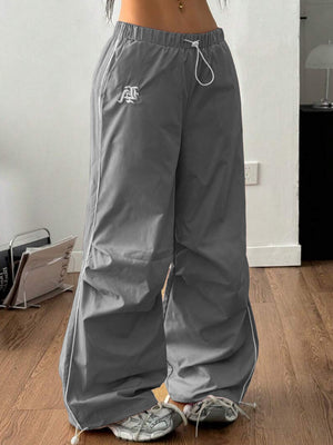 Striped Color Blocking Embroidery Elastic Waistband Drawstring Pocket Pants