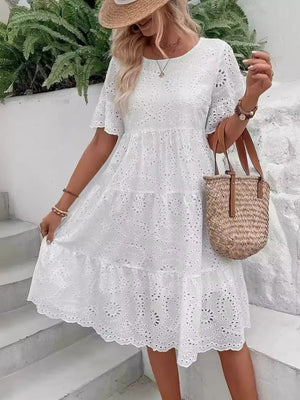 Hollow Out Embroidered Lace Crew Neck Short Sleeve Mini&Short Dresses