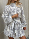 Printed Stand-up Collar Tie Balloon Sleeve Mini&Short Dresses