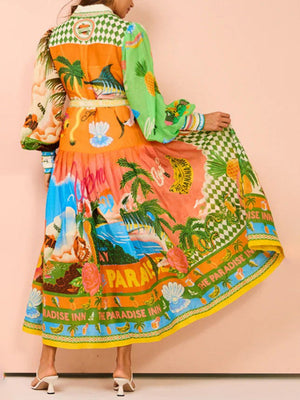 Fashion Printed Lantern Sleeves Belt Waist Maxi Dresses