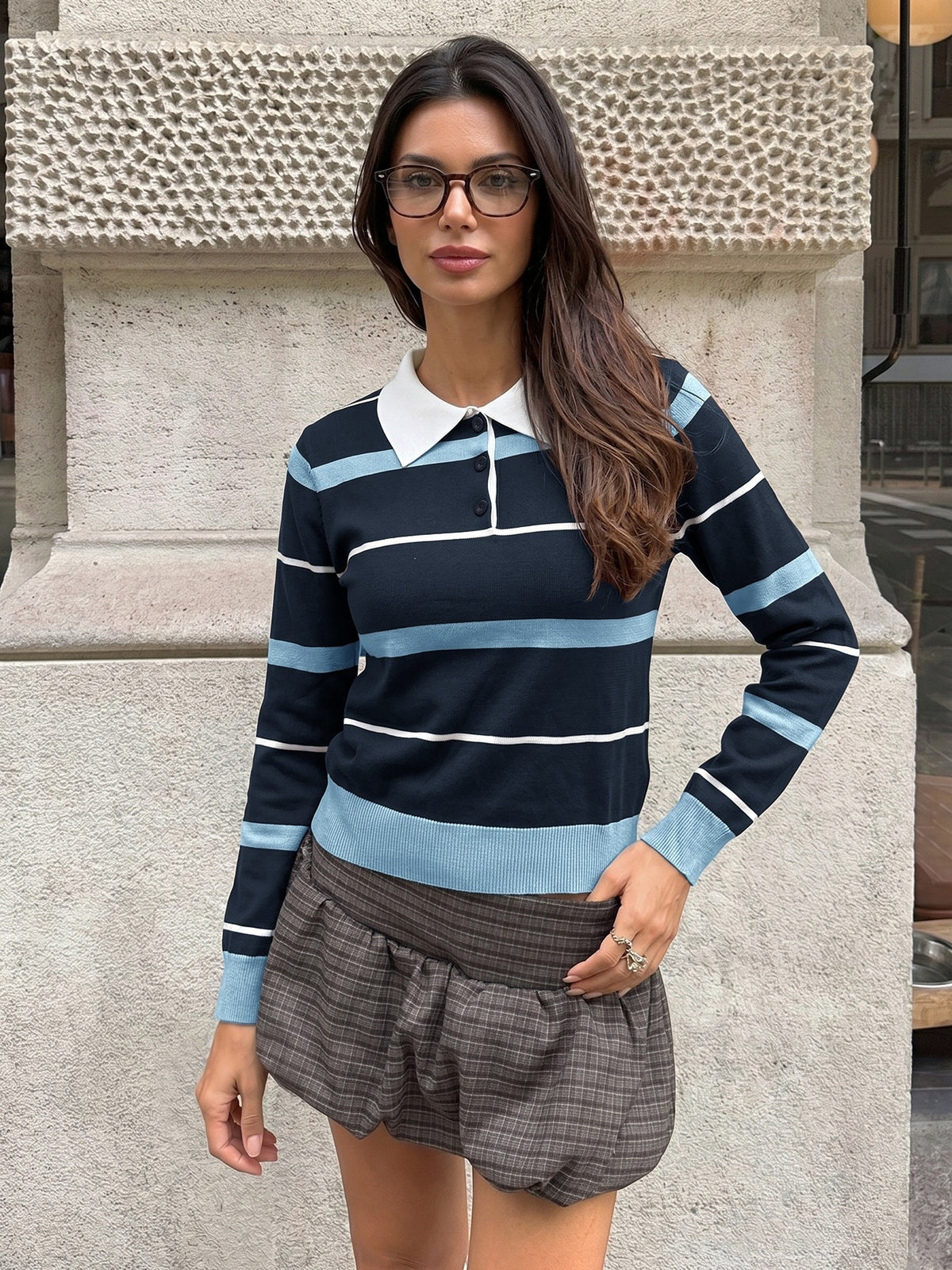 Preppy Style Striped Color-blocked Polo Collar Long-sleeved Fitted Sweater
