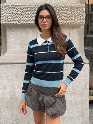 Preppy Style Striped Color-blocked Polo Collar Long-sleeved Fitted Sweater