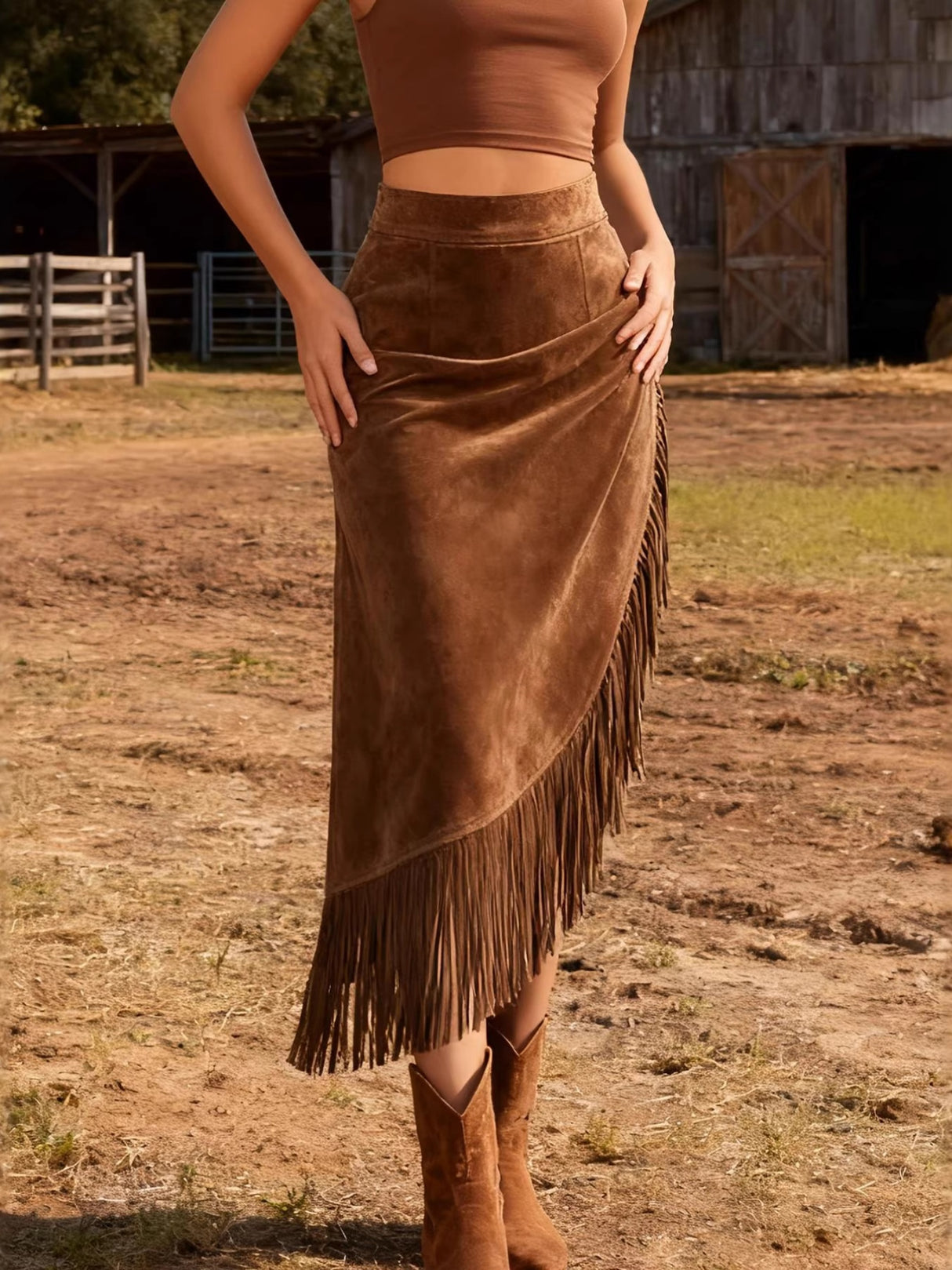 Imitation Suede Tassel Hem Irregular Mid-length Skirts