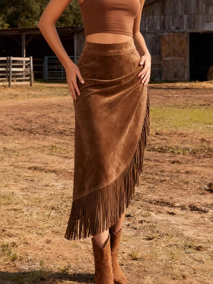 Imitation Suede Tassel Hem Irregular Mid-length Skirts