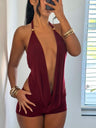 Metallic Gloss Deep V-neck Neck Strap Tight Shorts 2-piece Sets