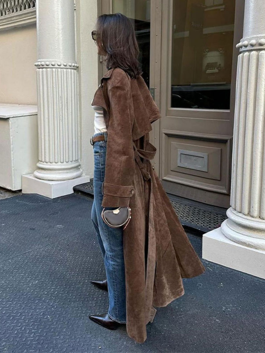Long Suede Trench Coats Belt Pocket Grace Workplace Everyday Coat