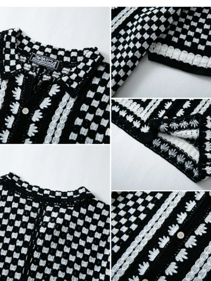 Crochet Knitting Black And White Plaid Hollow POLO Shirt