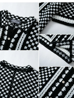Crochet Knitting Black And White Plaid Hollow POLO Shirt