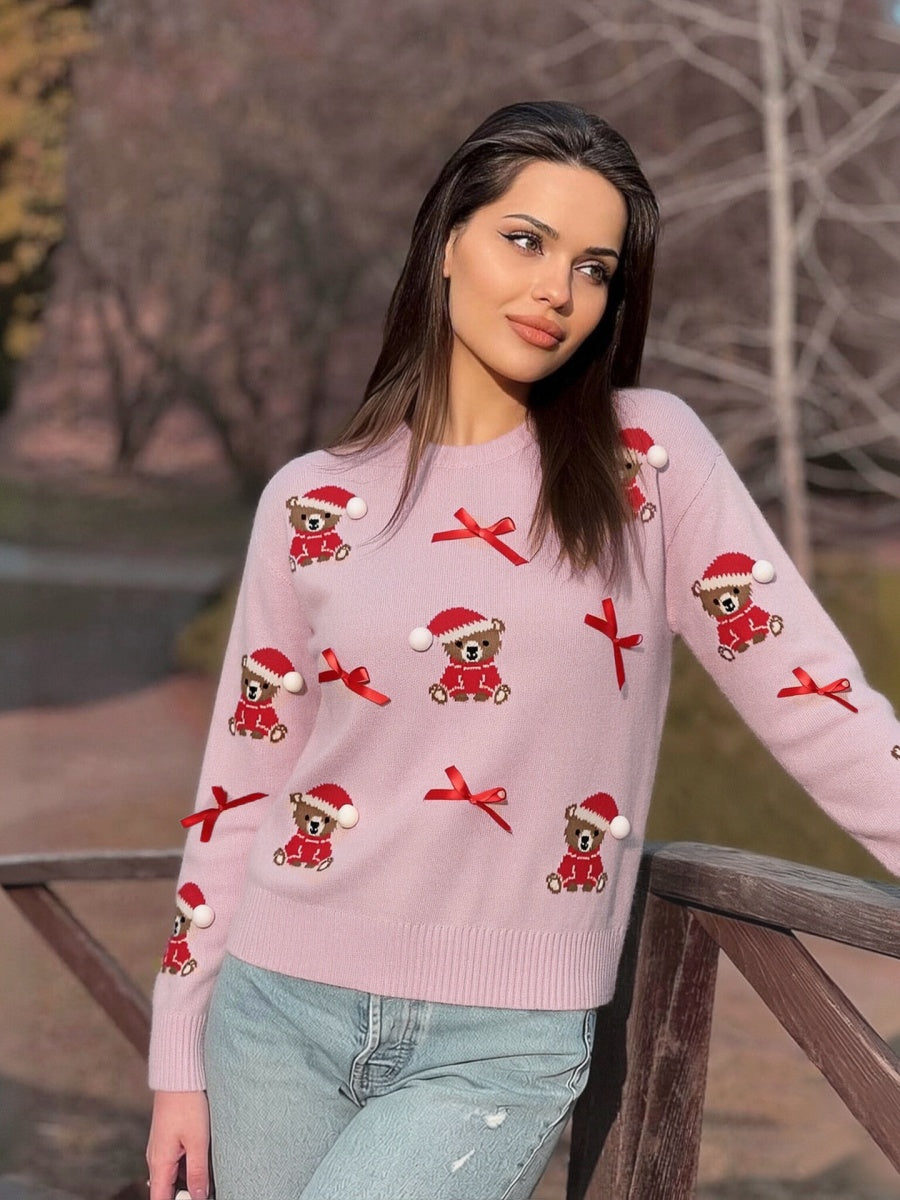 Christmas Little Bear Bow Crew Neck Headgear Sweaters