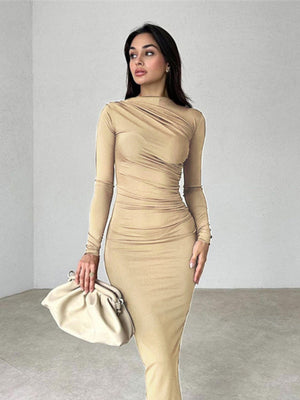 Pleated Sexy Slim Long Sleeve Solid Color Simple Temperament Hip Long Dress