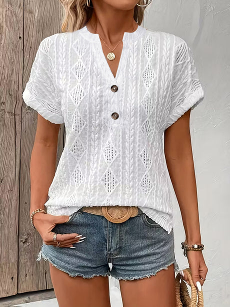 Knitting Buttons V-neck Short Sleeve T-shirts