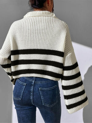 Striped Color Blocking Stand-up Collar Zipper Knitted Sweater
