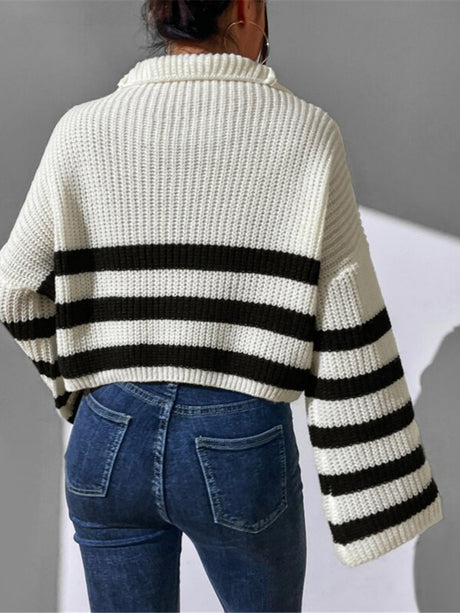 Striped Color Blocking Stand-up Collar Zipper Knitted Sweater
