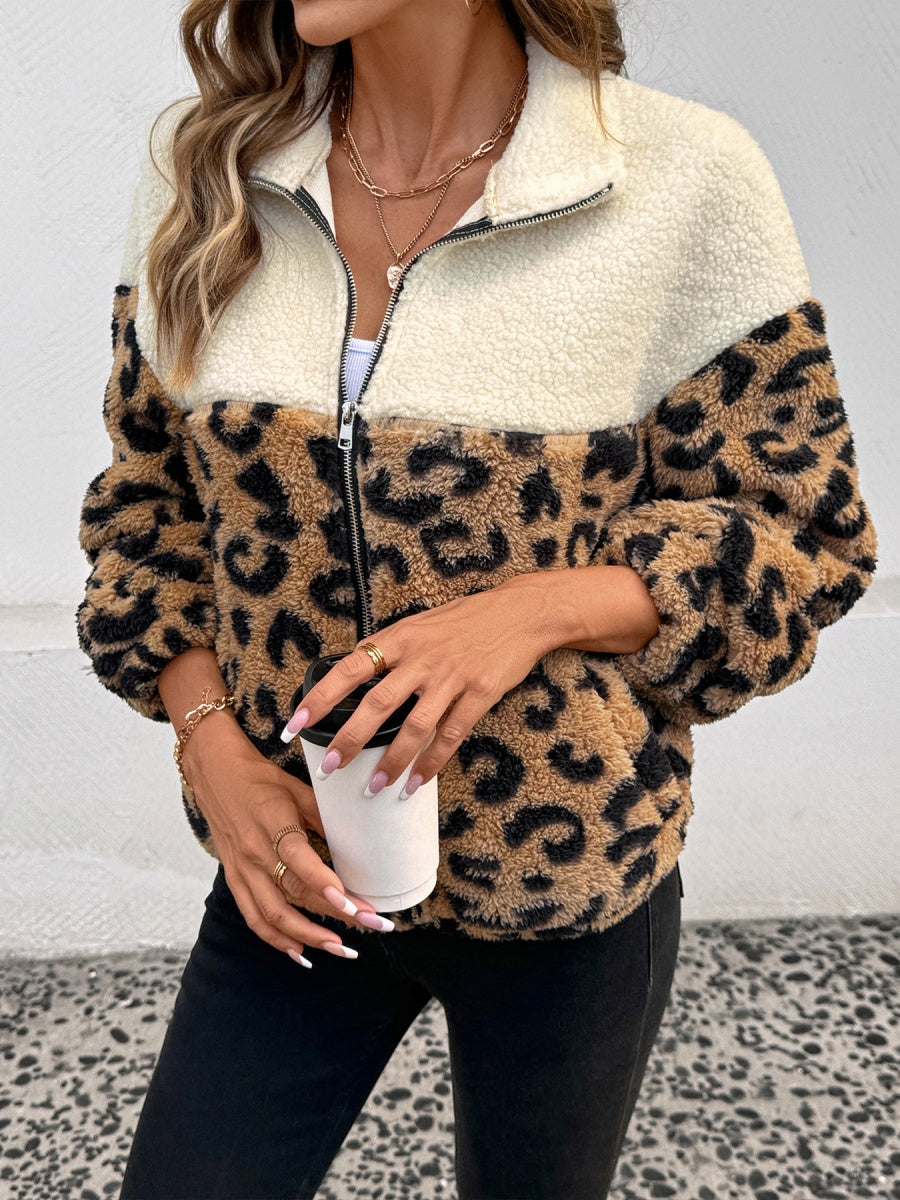 Splicing Zipper Leopard print apricot pocket jacket