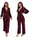 Deep V Long Sleeve Belt Sequins Jumpsuit
