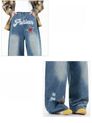 Letter Printed Washing Wide-leg Jeans