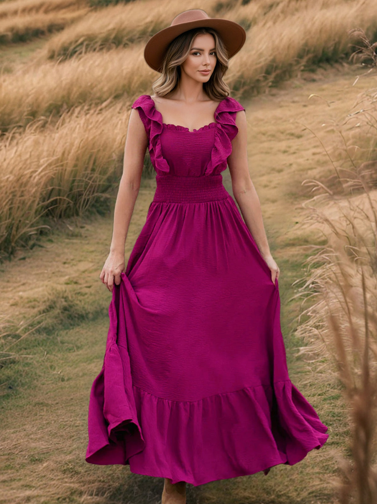 Ruffle Off-shoulder Neckline Waist Shaping Vacation Style Maxi Dresses