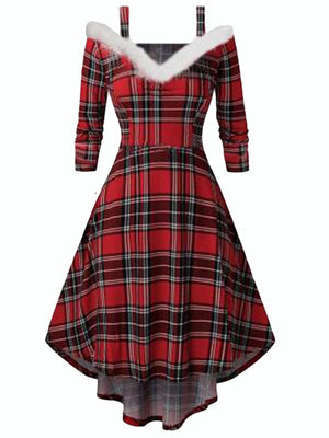 Christmas Plush Splicing High And Low Deep V Off-shoulder Large Skirt Three-quarter Sleeves Midi Dresses