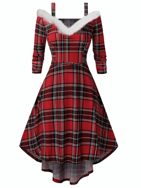 Christmas Plush Splicing High And Low Deep V Off-shoulder Large Skirt Three-quarter Sleeves Midi Dresses