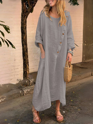 Round Neck, Long Sleeves, Solid Color Cotton And Linen, Irregular Buttons Maxi Dresses
