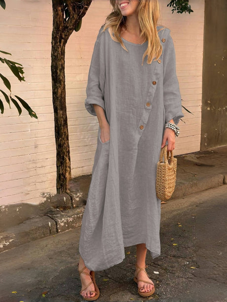 Round Neck, Long Sleeves, Solid Color Cotton And Linen, Irregular Buttons Maxi Dresses